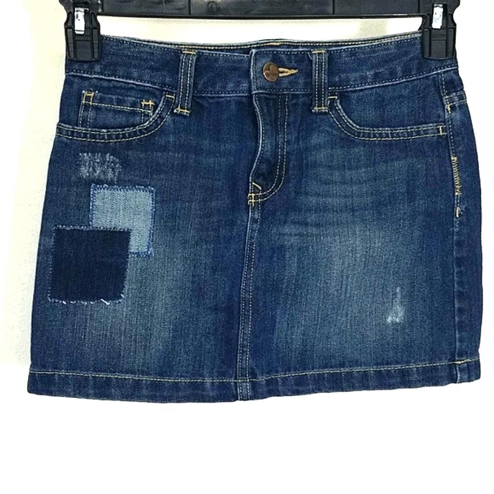 Skirt denim dark wash patchwork patches mini distressed stretch